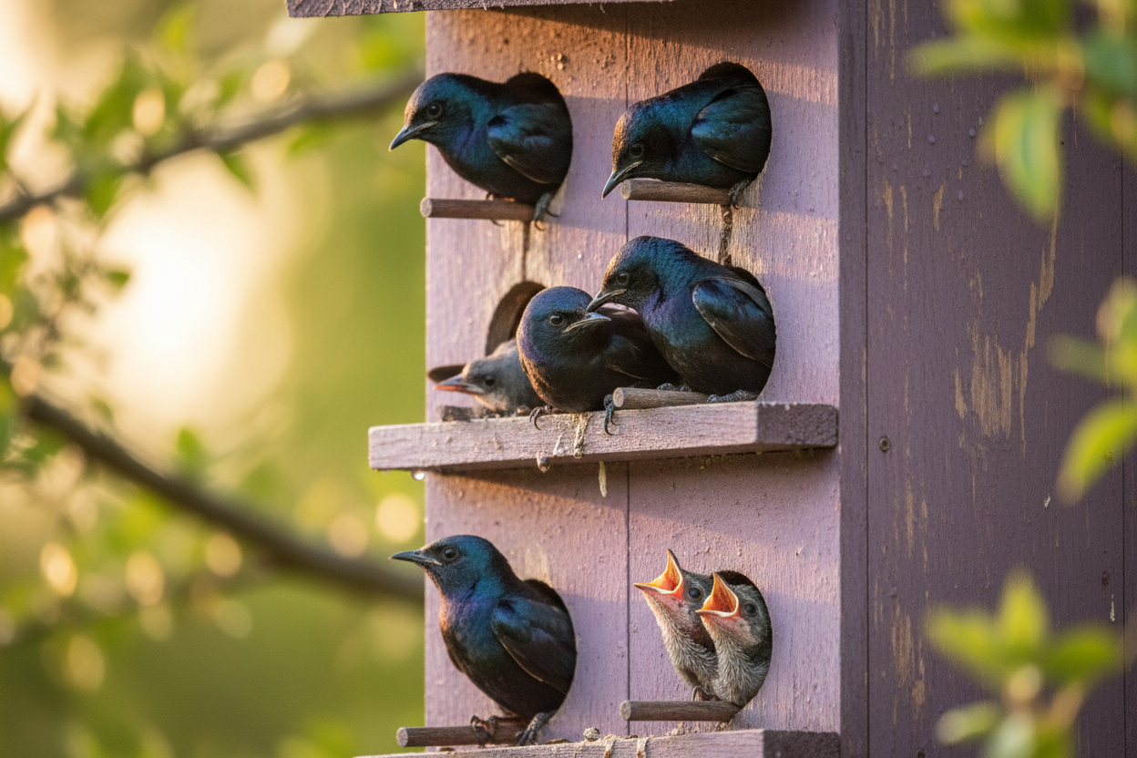 Happy Purple Martins Nesting Close-Up
